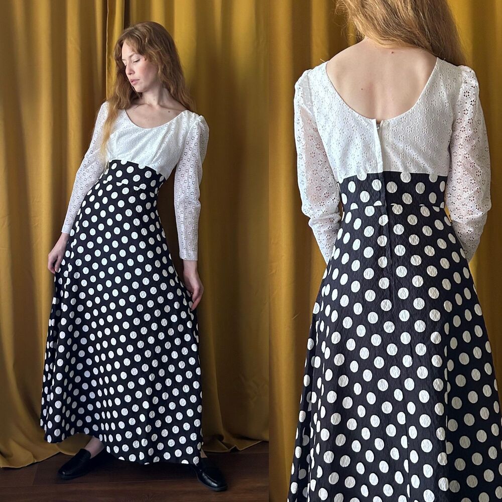 Vintage 1970s Polka Dot Maxi Dress, Small